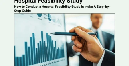 A business professional pointing at a financial bar graph during a hospital feasibility study analysis.