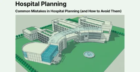 Architectural 3D model of a multi-building hospital layout.