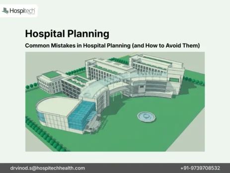 Architectural 3D model of a multi-building hospital layout.