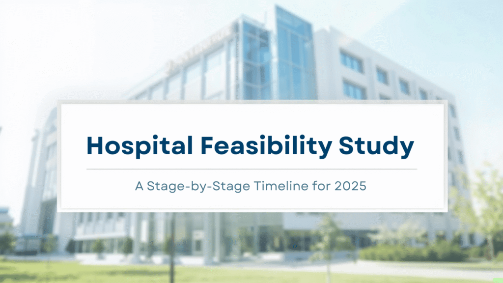 An image of a hospital in background with a text layover in front stating "Hospital Feasibiity Study - A step by step guide in 2025"