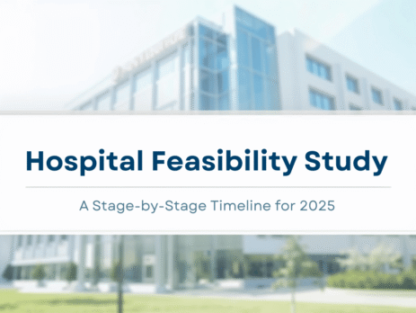 An image of a hospital in background with a text layover in front stating "Hospital Feasibiity Study - A step by step guide in 2025"