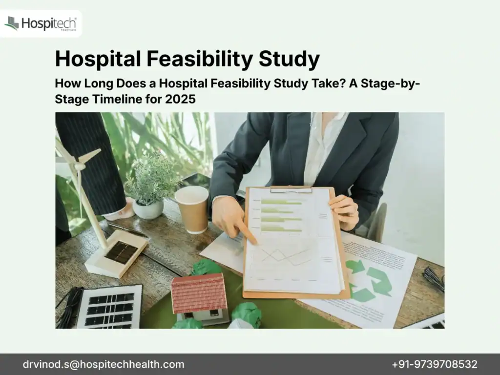 Consultant presenting hospital feasibility study timelines and sustainability charts on a clipboard during project planning discussion.