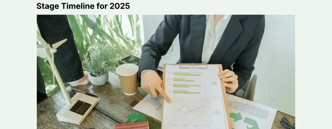 Consultant presenting hospital feasibility study timelines and sustainability charts on a clipboard during project planning discussion.