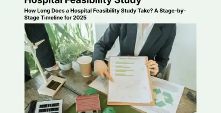 Consultant presenting hospital feasibility study timelines and sustainability charts on a clipboard during project planning discussion.