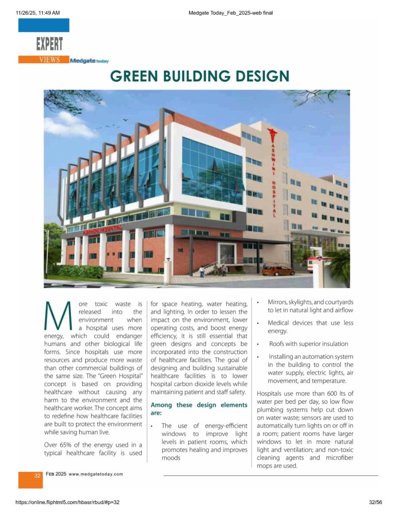 Magazine page titled “Green Building Design” featuring a modern, energy-efficient hospital building and an article explaining sustainable healthcare facility practices.