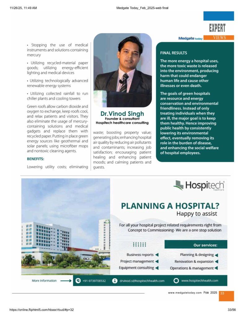 Magazine page featuring Dr. Vinod Singh’s expert commentary on green hospital technologies, benefits of sustainable healthcare design, and an advertisement for Hospitech hospital planning services.