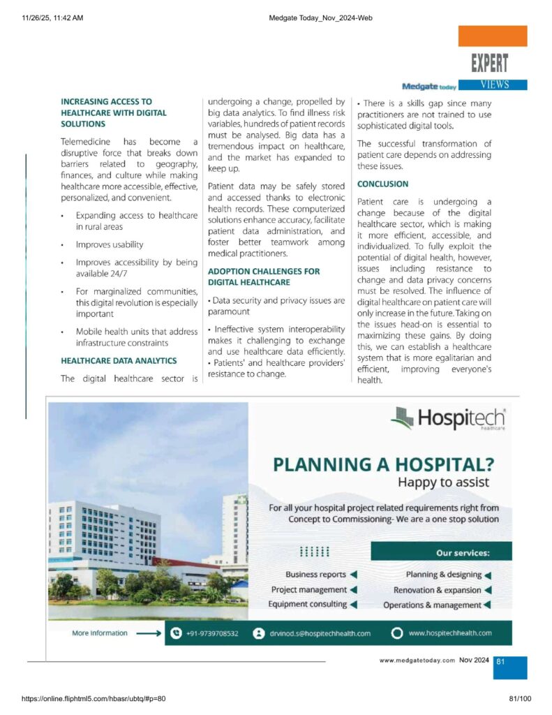 A magazine page featuring an article titled “How the Digital Healthcare Industry Is Transforming Patient Care,” with visuals of doctors using holographic medical technology and a sidebar profile of Dr. Vinod Singh from Hospitech Healthcare Consulting