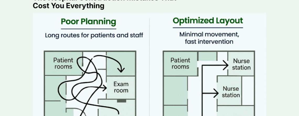 Hospital architecture planning comparison showing poor layout with long patient movement versus optimized hospital layout for faster care