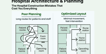 Hospital architecture planning comparison showing poor layout with long patient movement versus optimized hospital layout for faster care