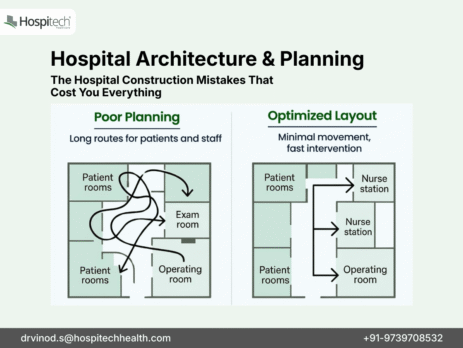 Hospital architecture planning comparison showing poor layout with long patient movement versus optimized hospital layout for faster care