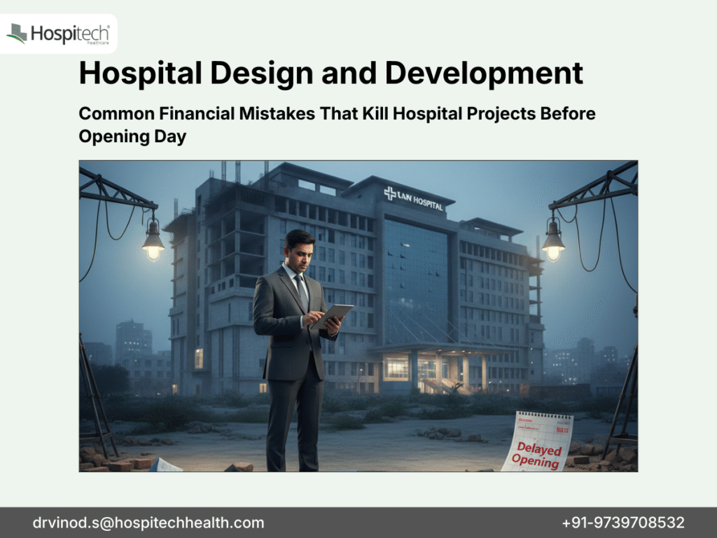 Businessman analyzing delayed hospital construction due to financial mistakes in Tier-2 Indian cities – Hospitech Healthcare guide on avoiding project failures.