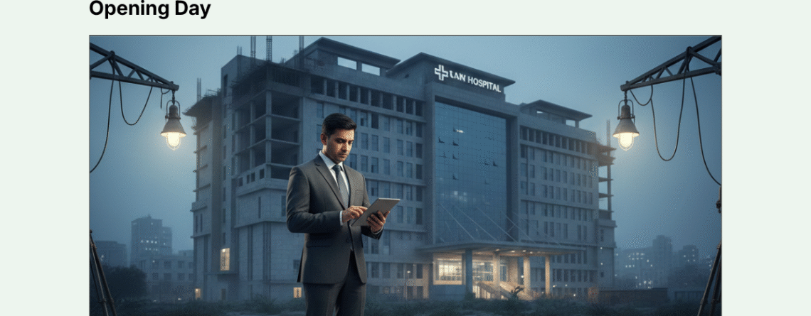 Businessman analyzing delayed hospital construction due to financial mistakes in Tier-2 Indian cities – Hospitech Healthcare guide on avoiding project failures.