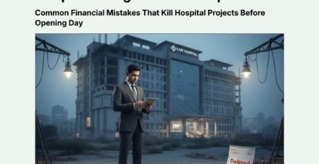 Businessman analyzing delayed hospital construction due to financial mistakes in Tier-2 Indian cities – Hospitech Healthcare guide on avoiding project failures.