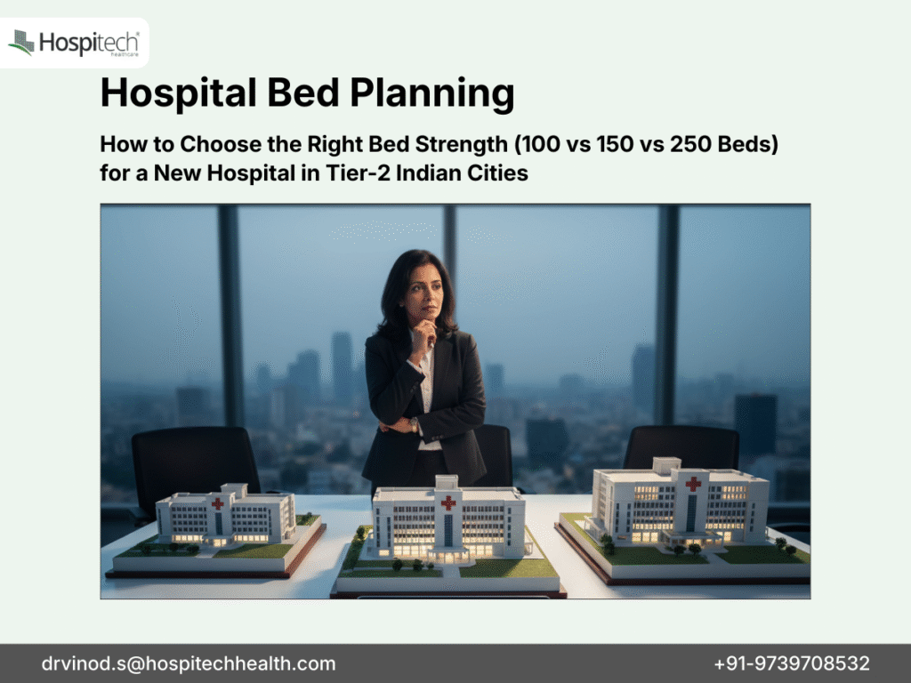 Professional analyzing hospital bed strength models (100 vs 150 vs 250 beds) for new facilities in Tier-2 Indian cities like Nagpur or Lucknow – Hospitech guide.