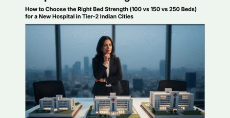 Professional analyzing hospital bed strength models (100 vs 150 vs 250 beds) for new facilities in Tier-2 Indian cities like Nagpur or Lucknow – Hospitech guide.