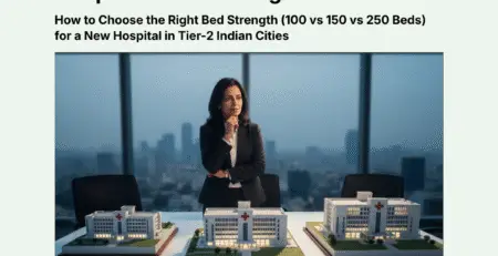 Professional analyzing hospital bed strength models (100 vs 150 vs 250 beds) for new facilities in Tier-2 Indian cities like Nagpur or Lucknow – Hospitech guide.