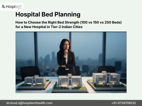 Professional analyzing hospital bed strength models (100 vs 150 vs 250 beds) for new facilities in Tier-2 Indian cities like Nagpur or Lucknow – Hospitech guide.