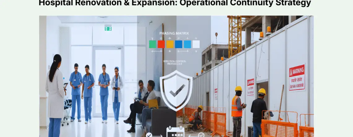 Hospital expansion strategy showing active operations separated from construction zone with infection control barriers, strategic phasing plan, and operational continuity management for revenue protection