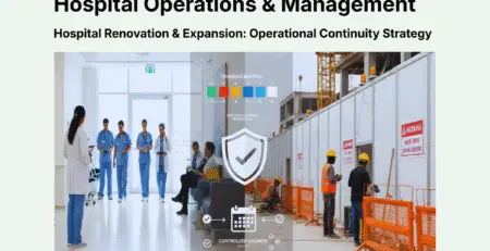 Hospital expansion strategy showing active operations separated from construction zone with infection control barriers, strategic phasing plan, and operational continuity management for revenue protection