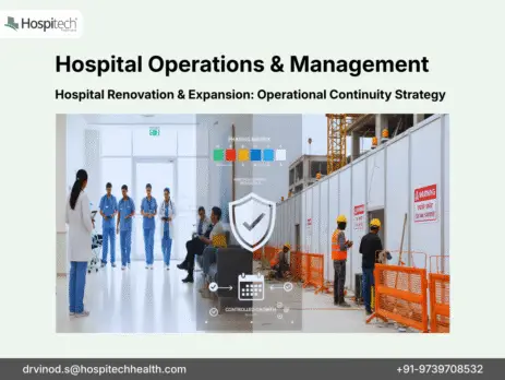Hospital expansion strategy showing active operations separated from construction zone with infection control barriers, strategic phasing plan, and operational continuity management for revenue protection