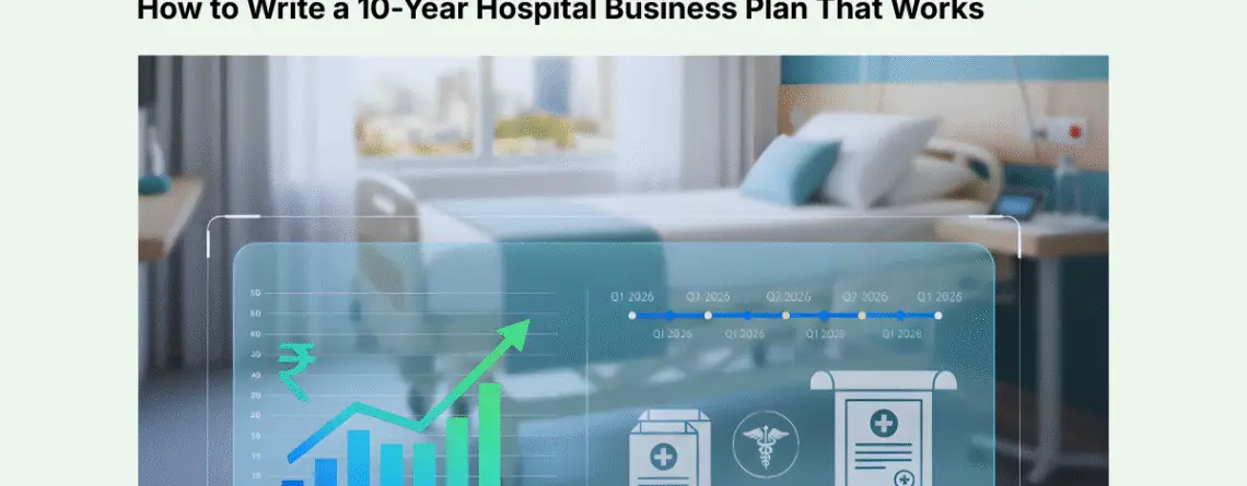 Strategic hospital business plan visualization showing modern healthcare facility with integrated financial projections, operational roadmap, and growth analytics for 10-year planning in India