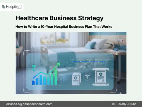 Strategic hospital business plan visualization showing modern healthcare facility with integrated financial projections, operational roadmap, and growth analytics for 10-year planning in India