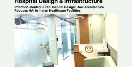 Modern hospital interior designed for infection control with seamless flooring, touchless fixtures, and separated clean-dirty pathways
