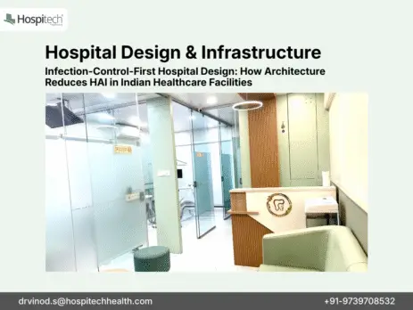 Modern hospital interior designed for infection control with seamless flooring, touchless fixtures, and separated clean-dirty pathways