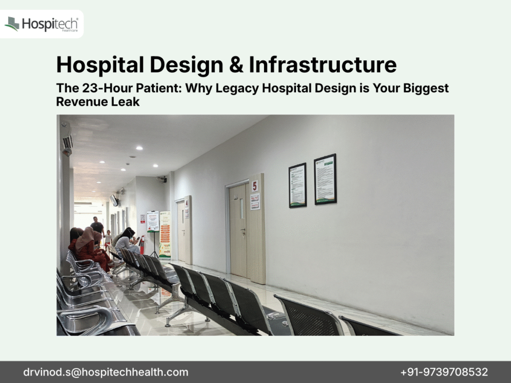 Traditional hospital corridor layout with centralized waiting area reflecting legacy design inefficiencies in Indian healthcare facilities