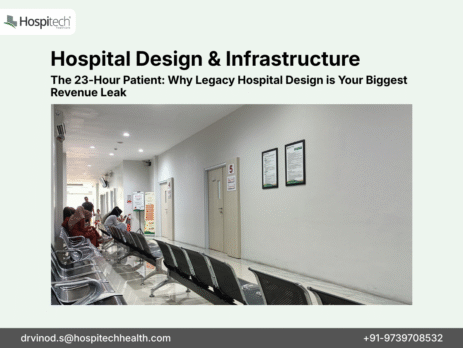 Traditional hospital corridor layout with centralized waiting area reflecting legacy design inefficiencies in Indian healthcare facilities